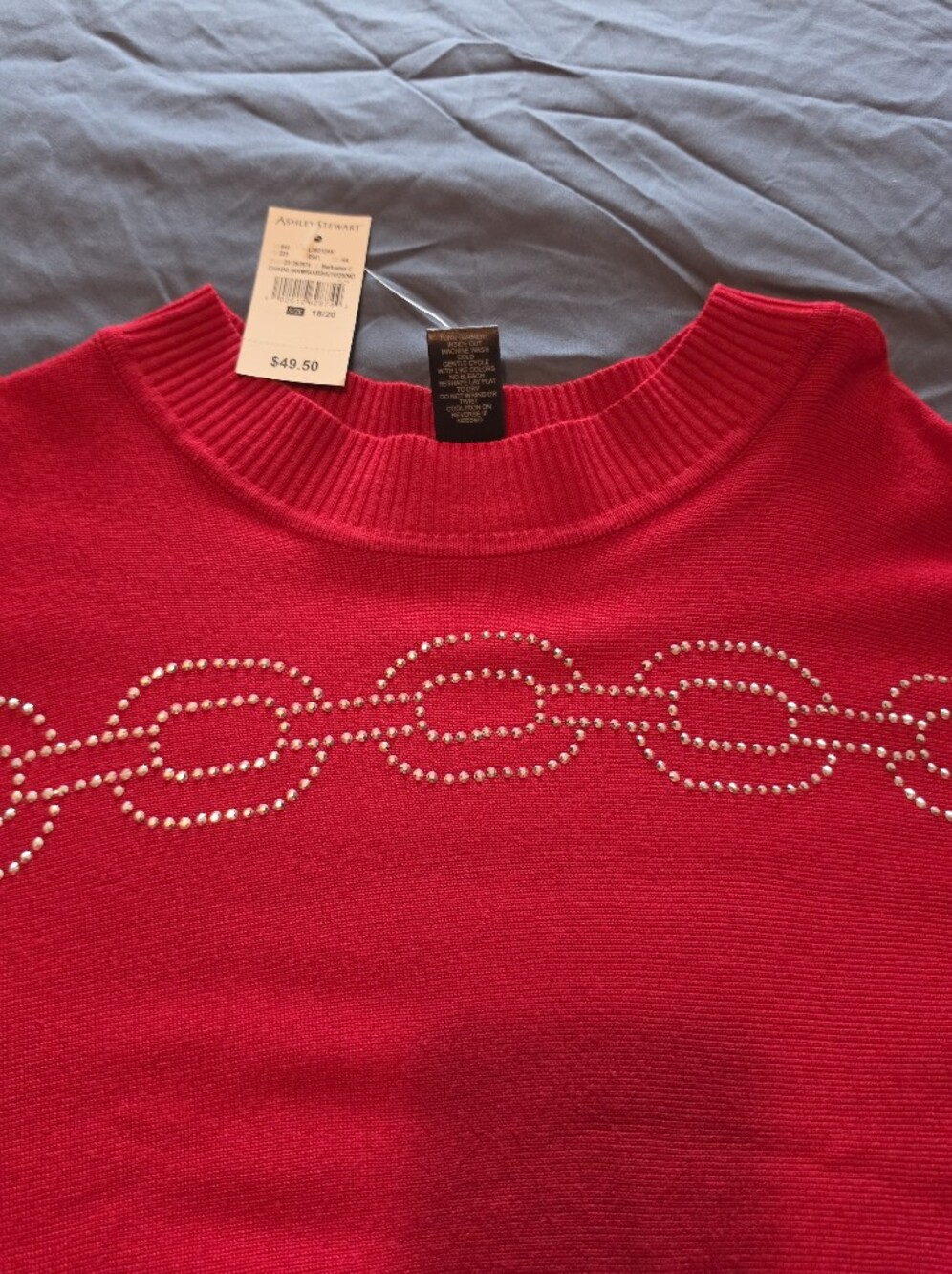 Ashley Stewart Red Crewneck Sweater with Rhinestone Chain Detail